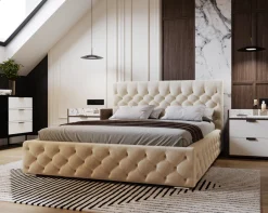Łóżko chesterfield 140x200 Elira, stelaż metalowy, pojemnik - Beżowy