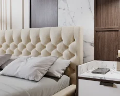 Łóżko chesterfield 140x200 Elira, stelaż metalowy, pojemnik - Beżowy