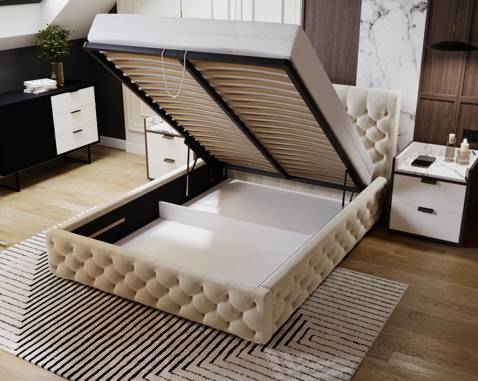 Łóżko chesterfield 140x200 Elira, stelaż metalowy, pojemnik - Beżowy