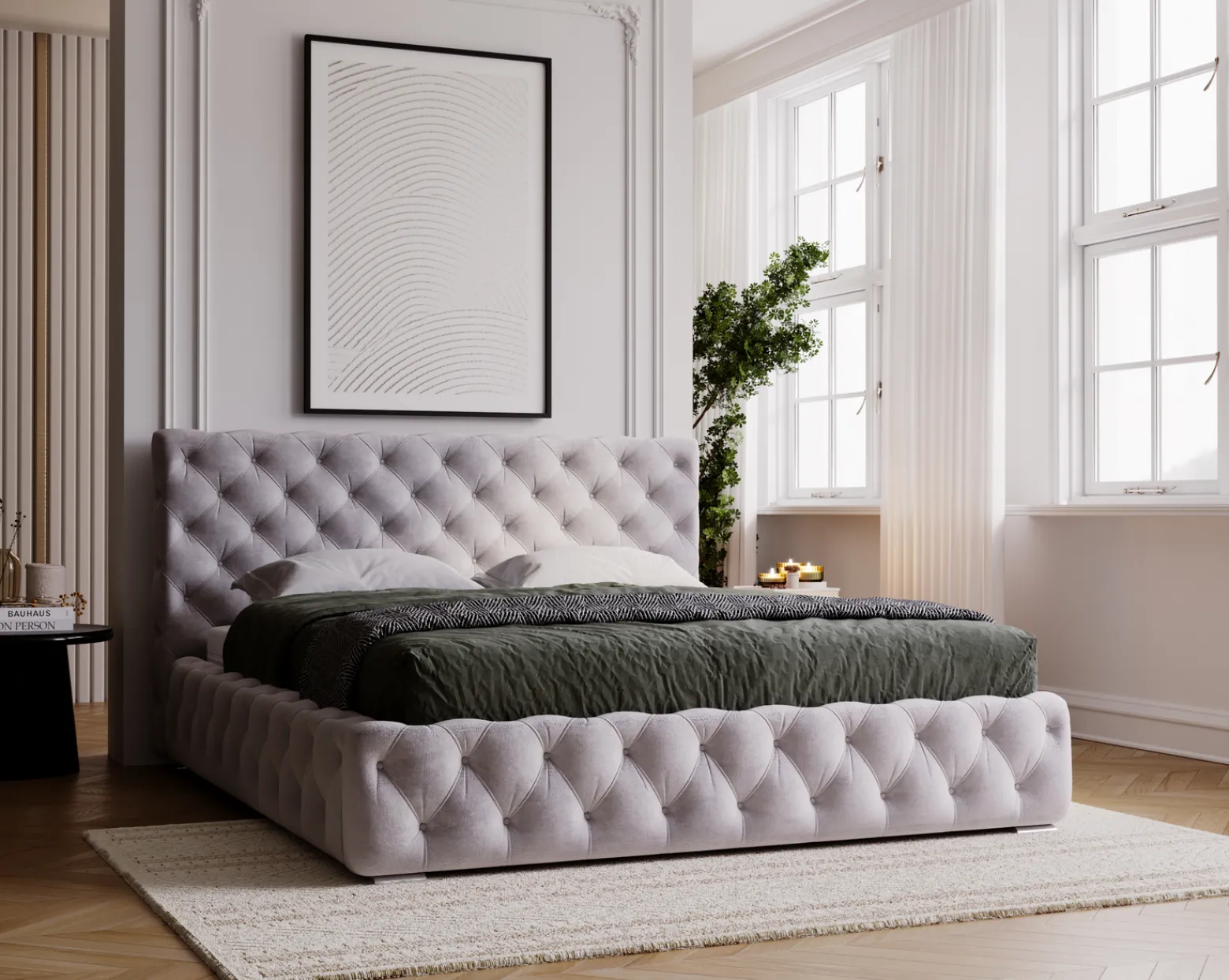 Łóżko chesterfield 140x200 Glory, stelaż metalowy, pojemnik - Jasny szary