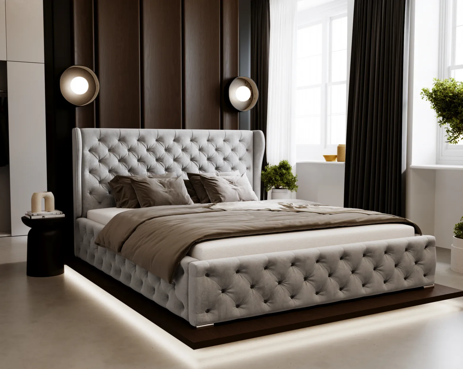 Łóżko chesterfield 140x200 Vivaro z pojemnikiem i stelażem - Jasny szary