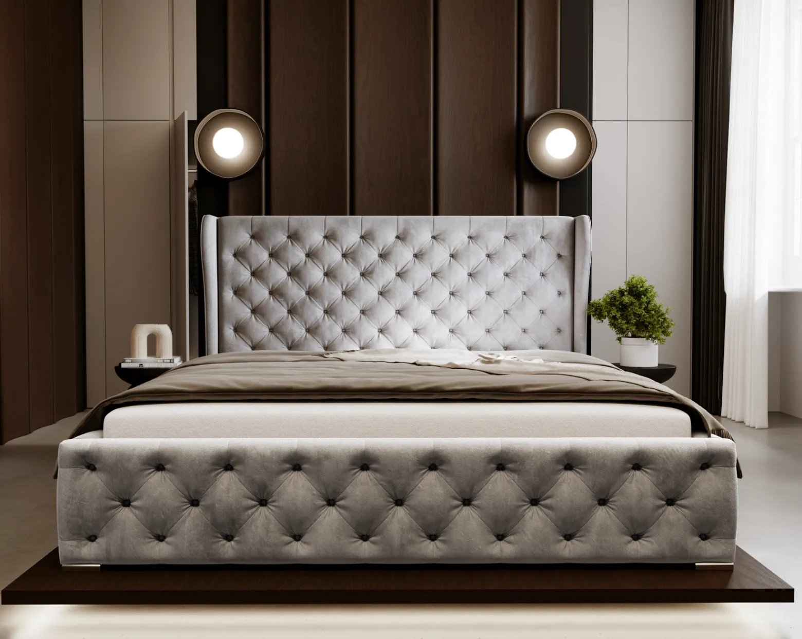 Łóżko chesterfield 140x200 Vivaro z pojemnikiem i stelażem - Jasny szary