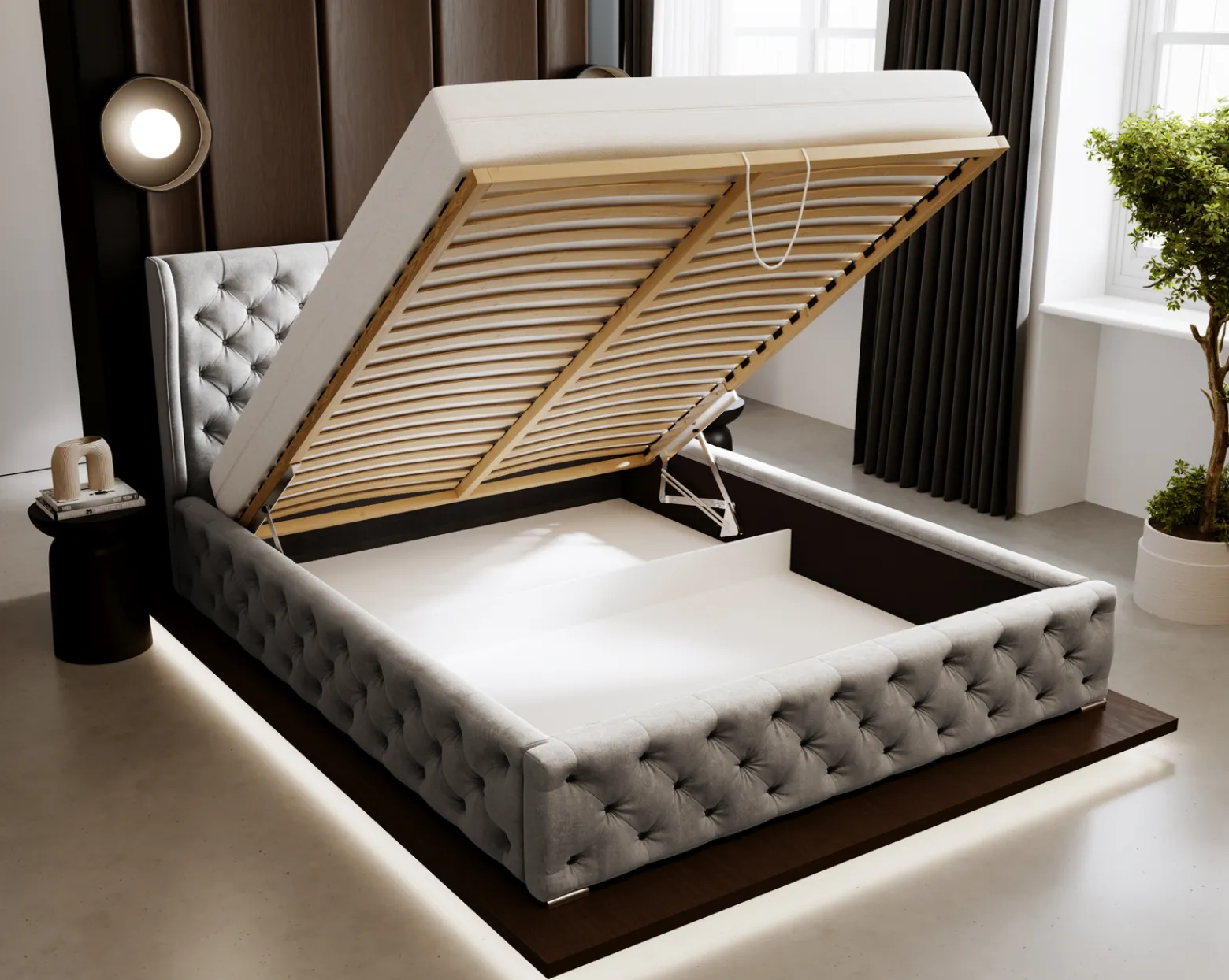 Łóżko chesterfield 140x200 Vivaro z pojemnikiem i stelażem - Jasny szary