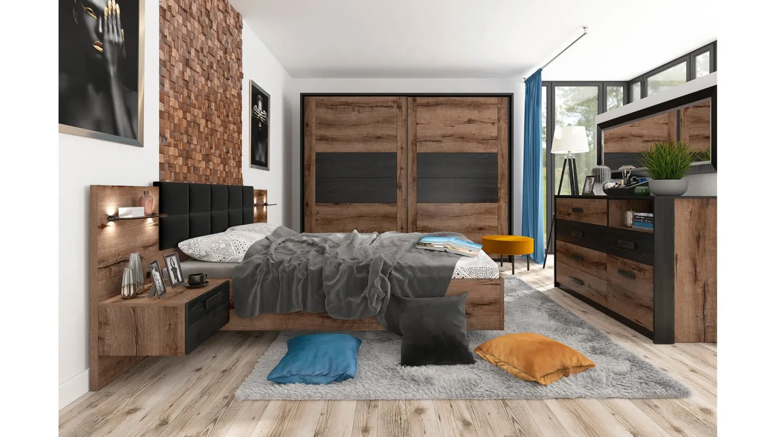 Łóżko Kassel 160x200 ze stelażem i pojemnikiem i 2 szafkami nocnymi dąb monastery