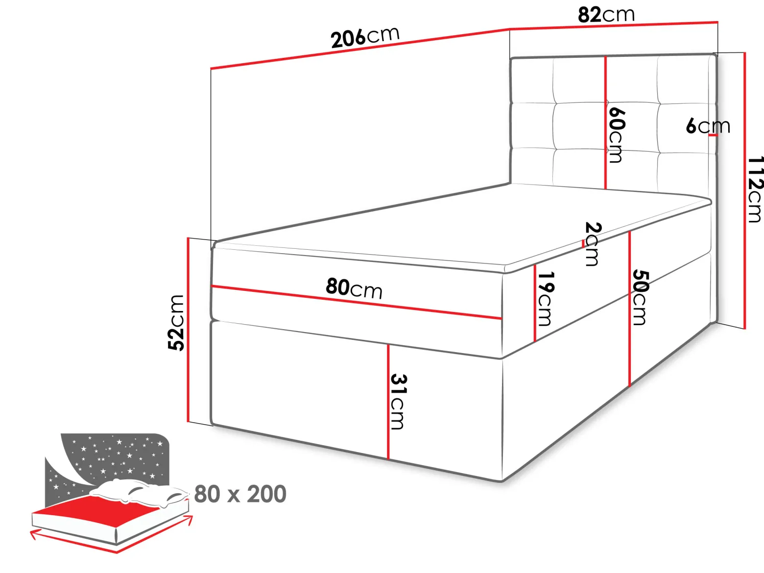 Łóżko kontynentalne Luanda Single 80x200