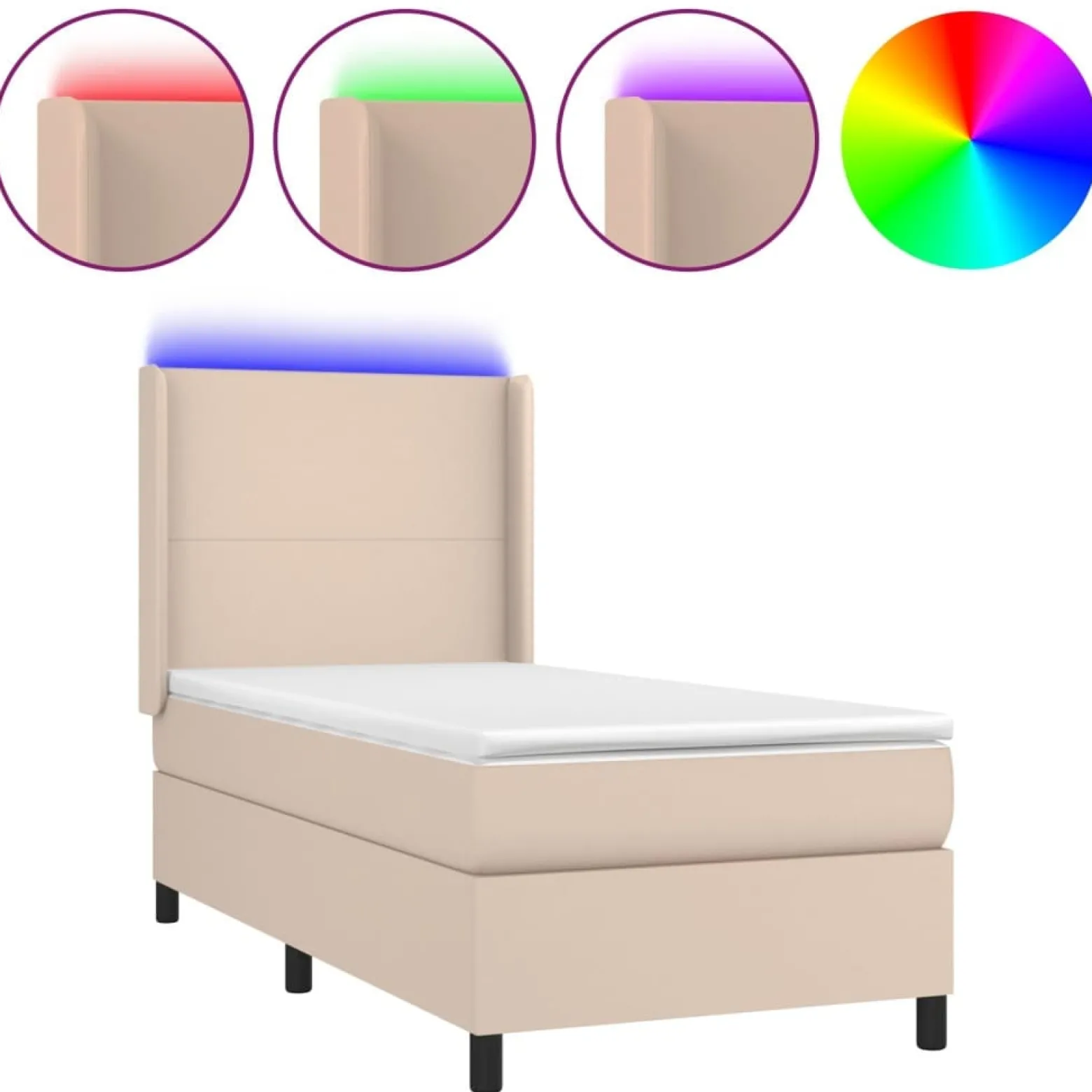 Łóżko kontynentalne, materac i LED cappuccino ekoskóra 90x190cm