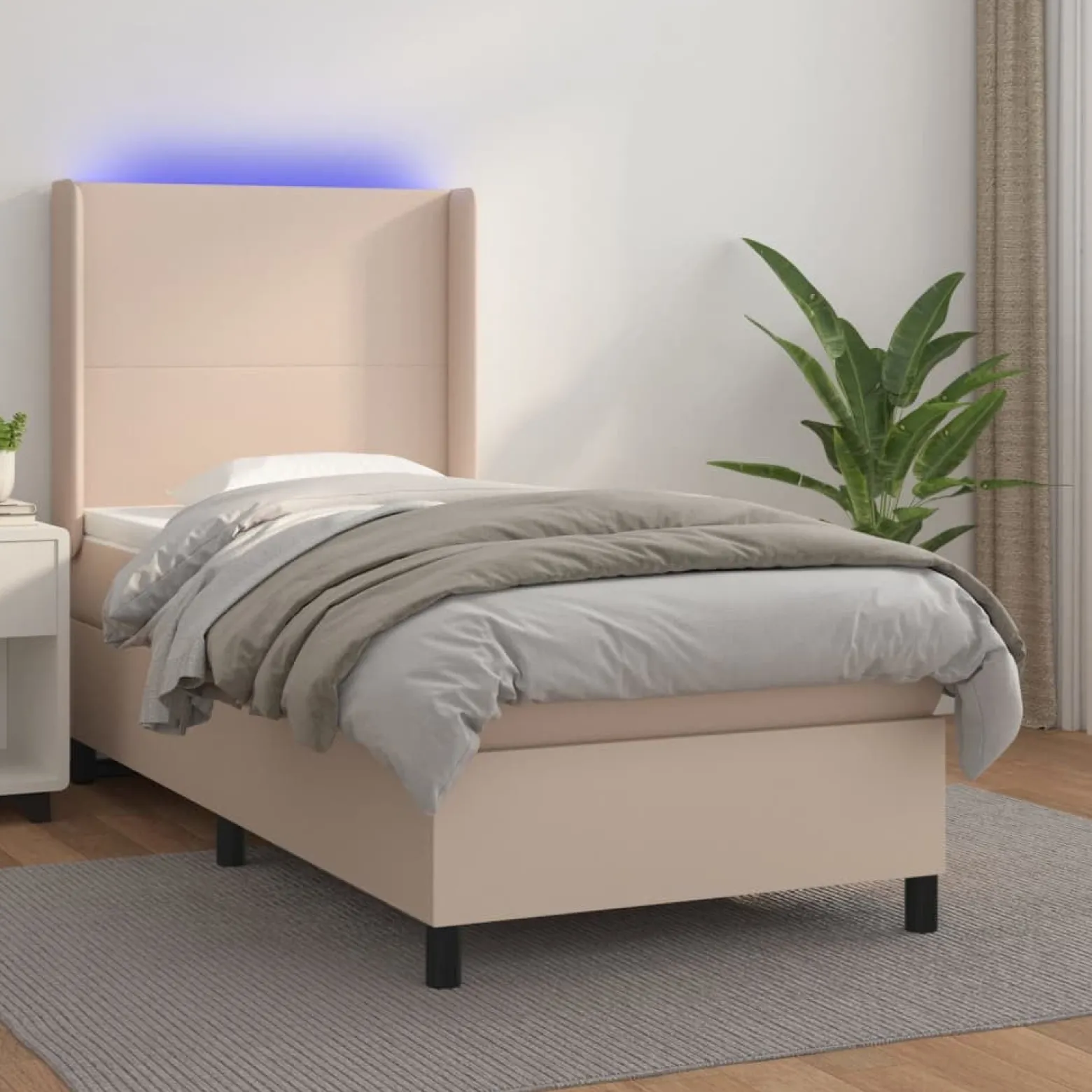 Łóżko kontynentalne, materac i LED cappuccino ekoskóra 90x190cm