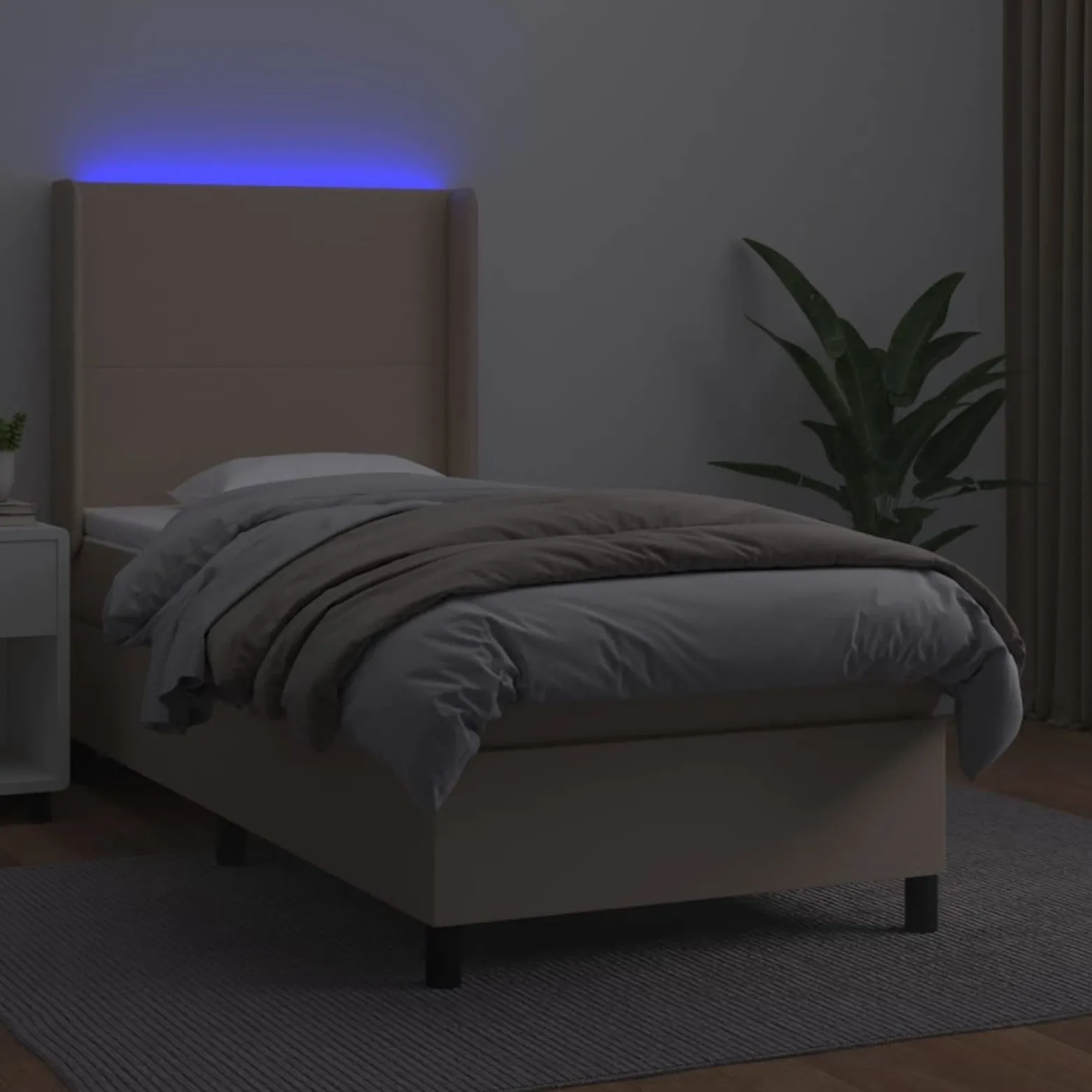 Łóżko kontynentalne, materac i LED cappuccino ekoskóra 90x190cm