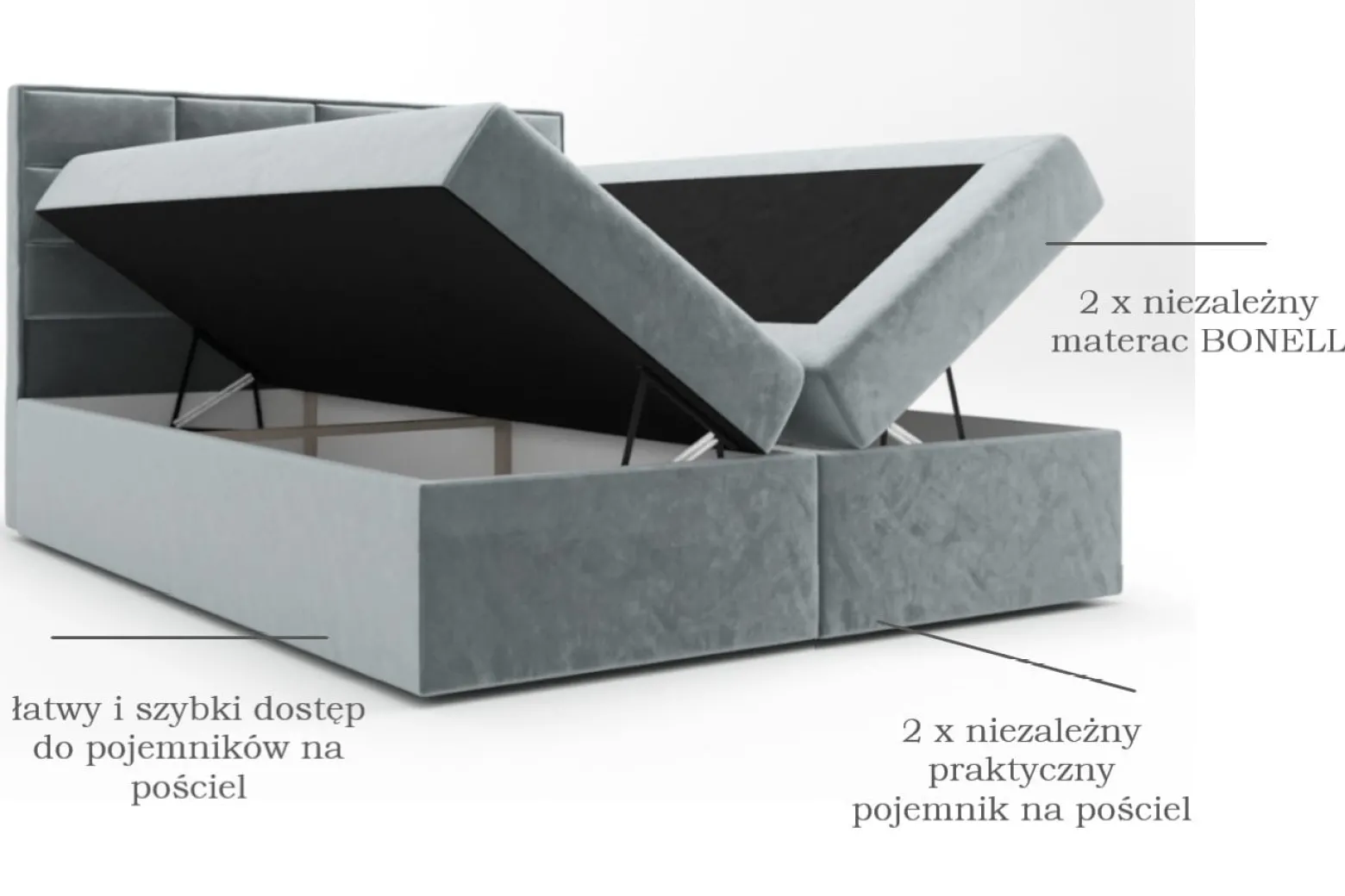 Łóżko Kontynentalne + Materac + Pojemniki Bonito Szary 160
