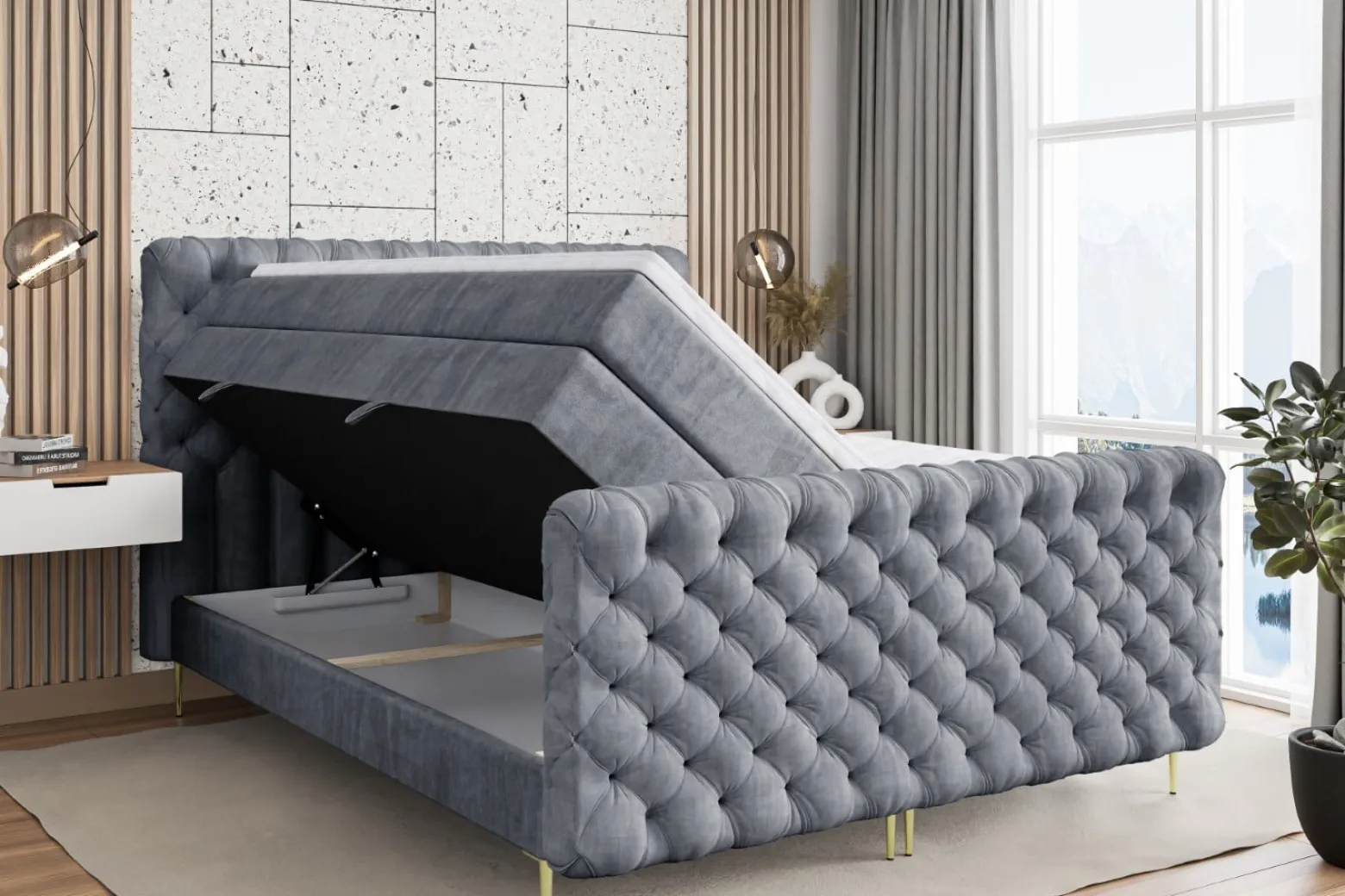 Łóżko kontynentalne - pojemnik, materac, nóżki BOXI8-FZ-Z KING 120x200 cm