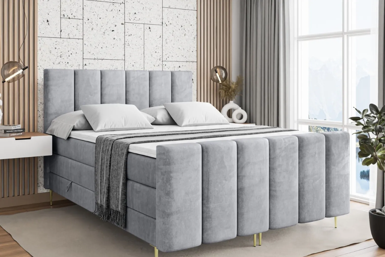 Łóżko kontynentalne - pojemnik, materac, nóżki BOXI1-FZ-Z KING 120x200 cm