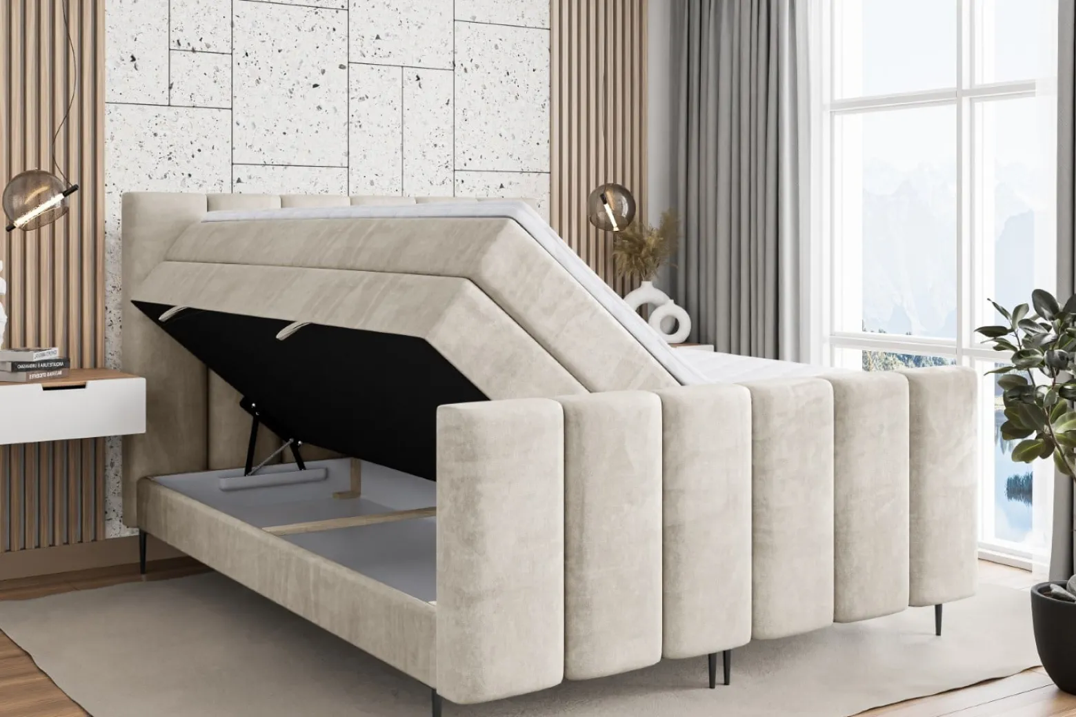 Łóżko kontynentalne - pojemnik, materac, nóżki BOXI1-FC-Z KING 120x200 cm