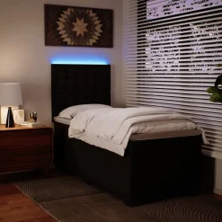 Łóżko Kontynentalne 90x190 Czarne Ekoskóra z Materacem z LED do Sypialni