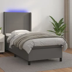 Łóżko kontynentalne z materacem i LED, szara ekoskóra 90x190 cm
