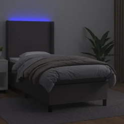 Łóżko kontynentalne z materacem i LED, szara ekoskóra 90x190 cm