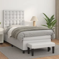 Łóżko Kontynentalne z Materacem Białe Ekoskóra do Sypialni 90x190 cm