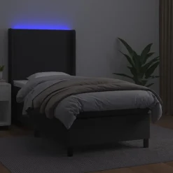 Łóżko kontynentalne z materacem i LED czarna ekoskóra 90x190 cm
