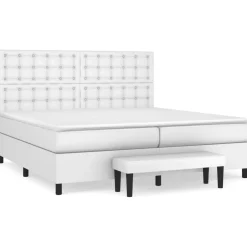 Łóżko Kontynentalne z Materacem Białe Ekoskóra do Sypialni 200x200 cm