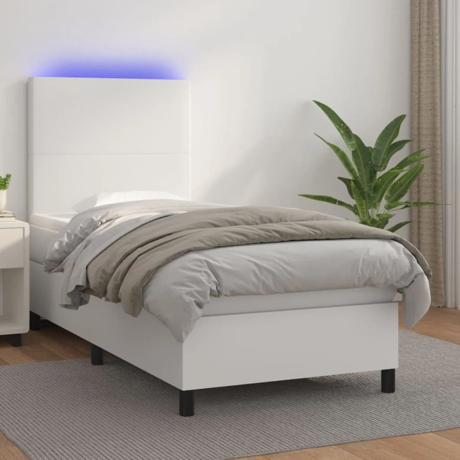 Łóżko kontynentalne z materacem LED, biała ekoskóra 90x200