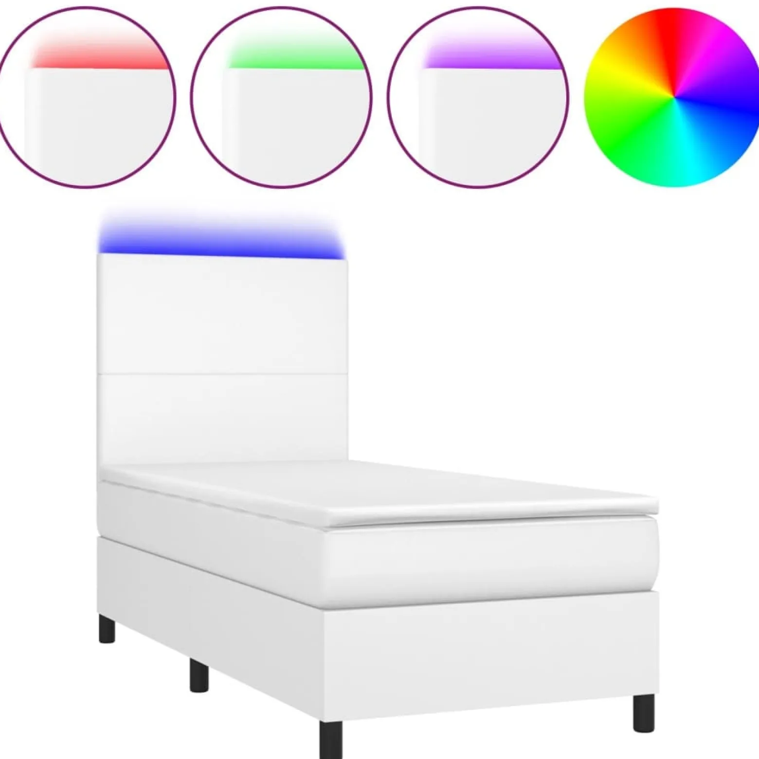 Łóżko kontynentalne z materacem LED, biała ekoskóra 90x200