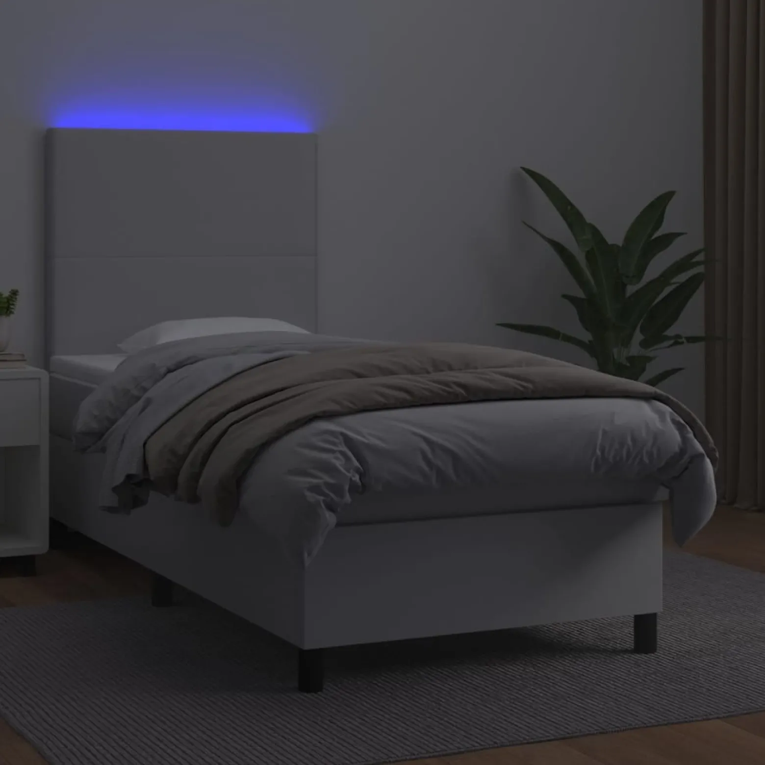 Łóżko kontynentalne z materacem LED, biała ekoskóra 90x200