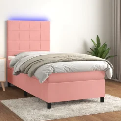 Łóżko kontynentalne z materacem i LED, różowy aksamit 100x200cm