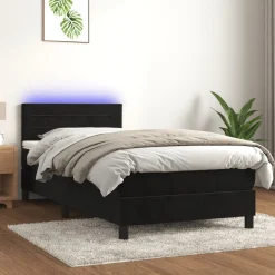 Łóżko kontynentalne z materacem i LED czarny aksamit 90x200
