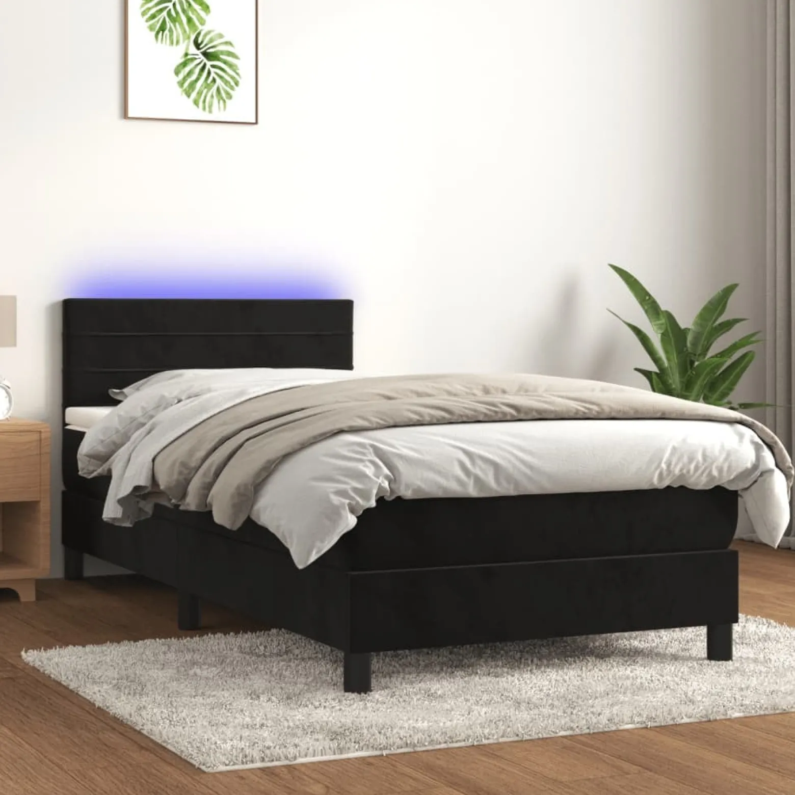 Łóżko kontynentalne z materacem i LED czarny aksamit 90x200