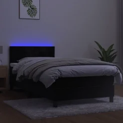Łóżko kontynentalne z materacem i LED czarny aksamit 90x200