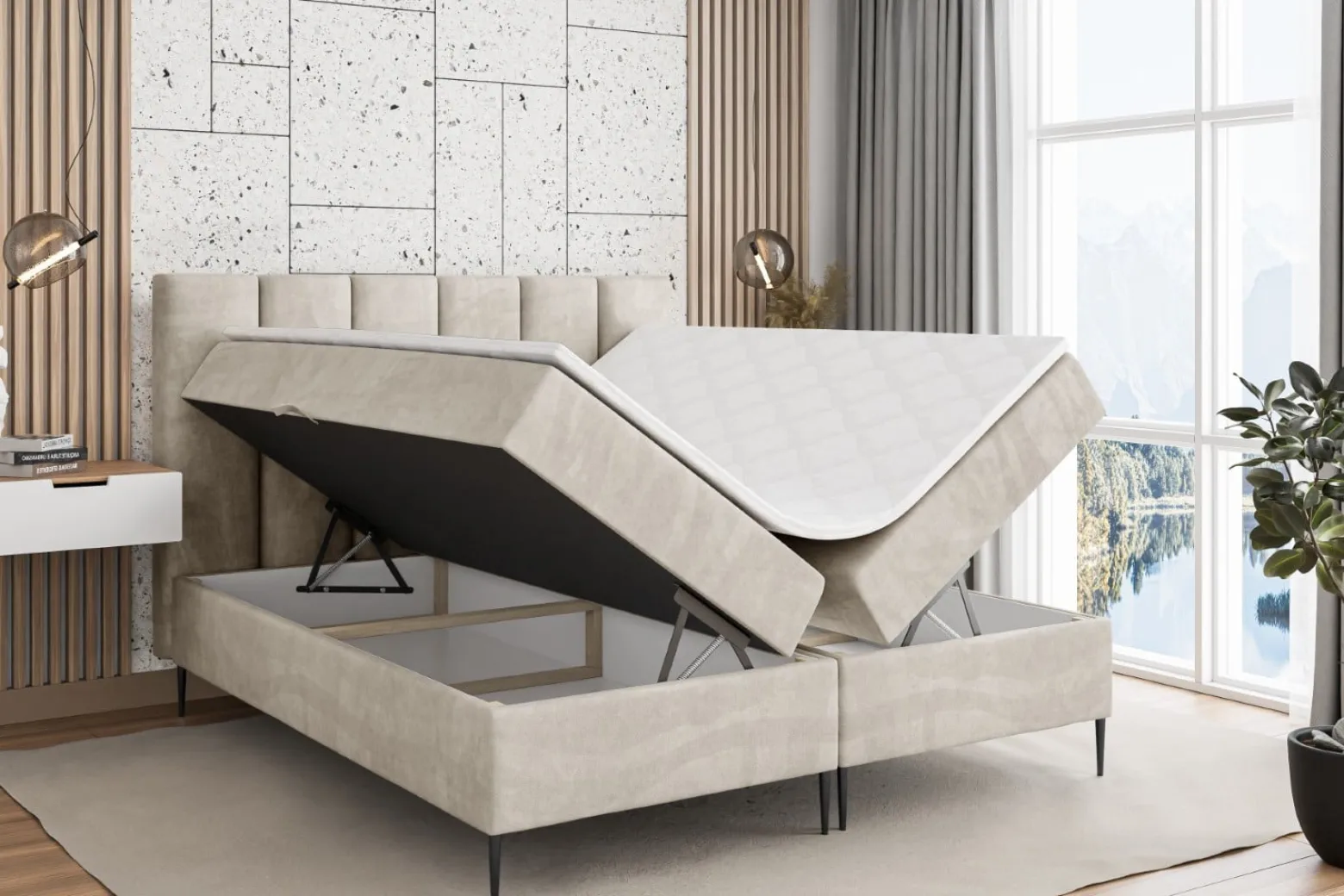 Łóżko kontynentalne z pojemnikiem, materacem i nóżkami BOXI1-FC 120x200 cm