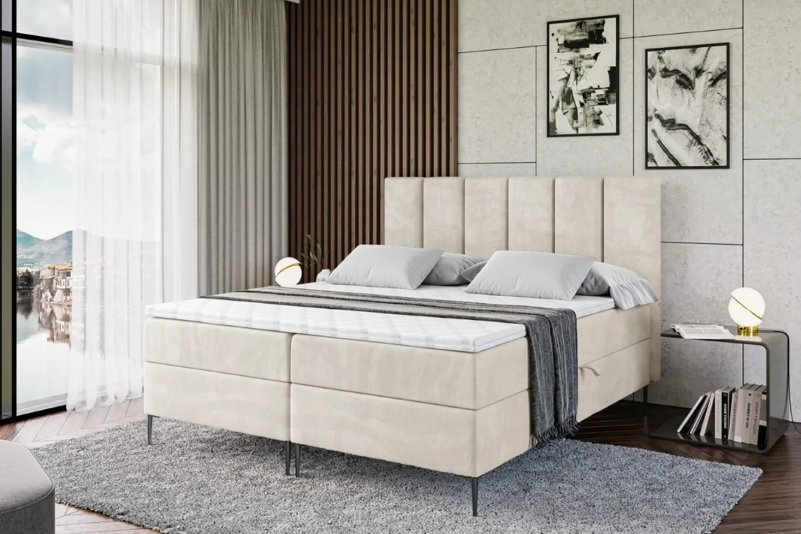 Łóżko kontynentalne z pojemnikiem, materacem i nóżkami BOXI1-FC 120x200 cm