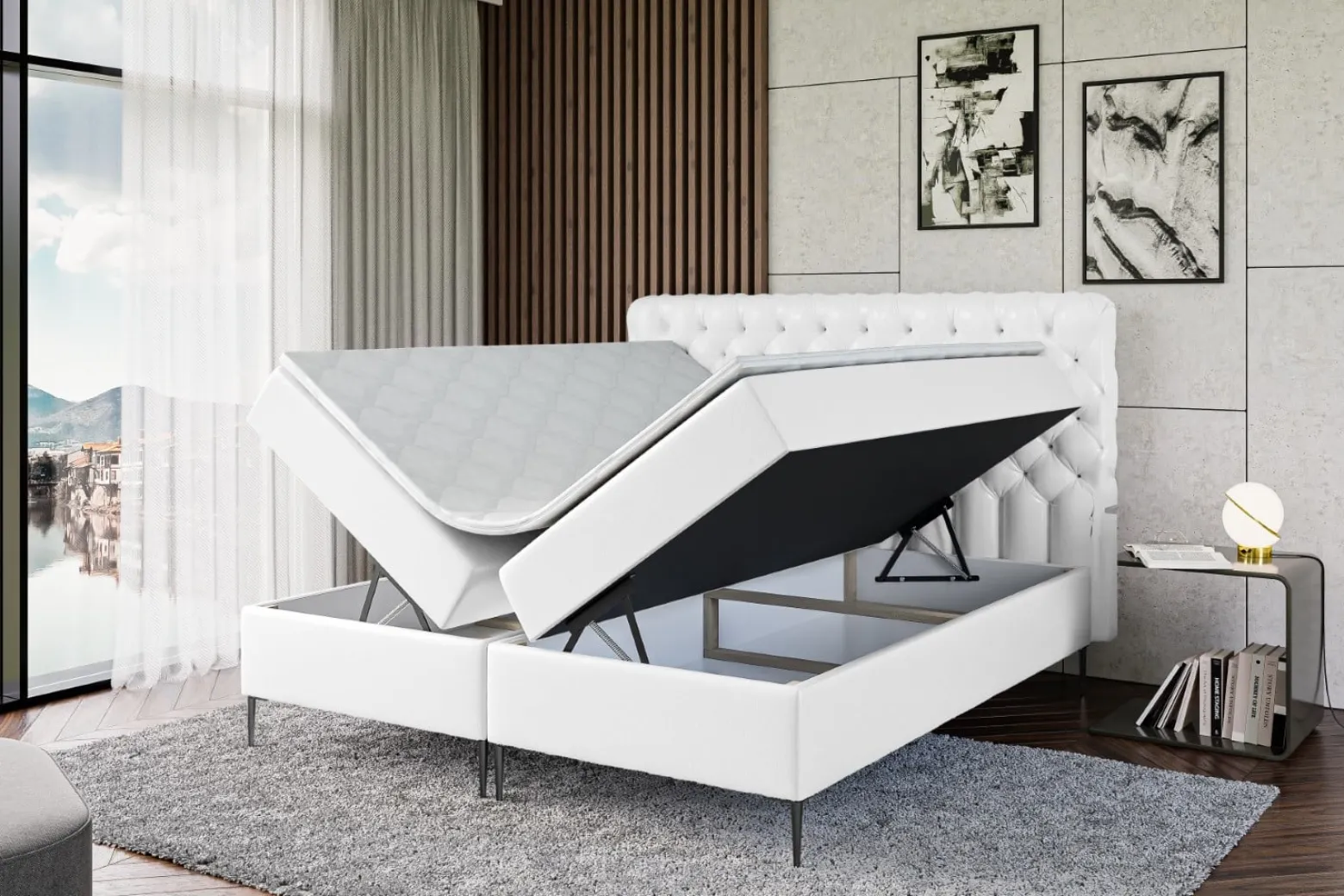 Łóżko kontynentalne z pojemnikiem, materacem i nóżkami BOXI8-FC 120x200 cm