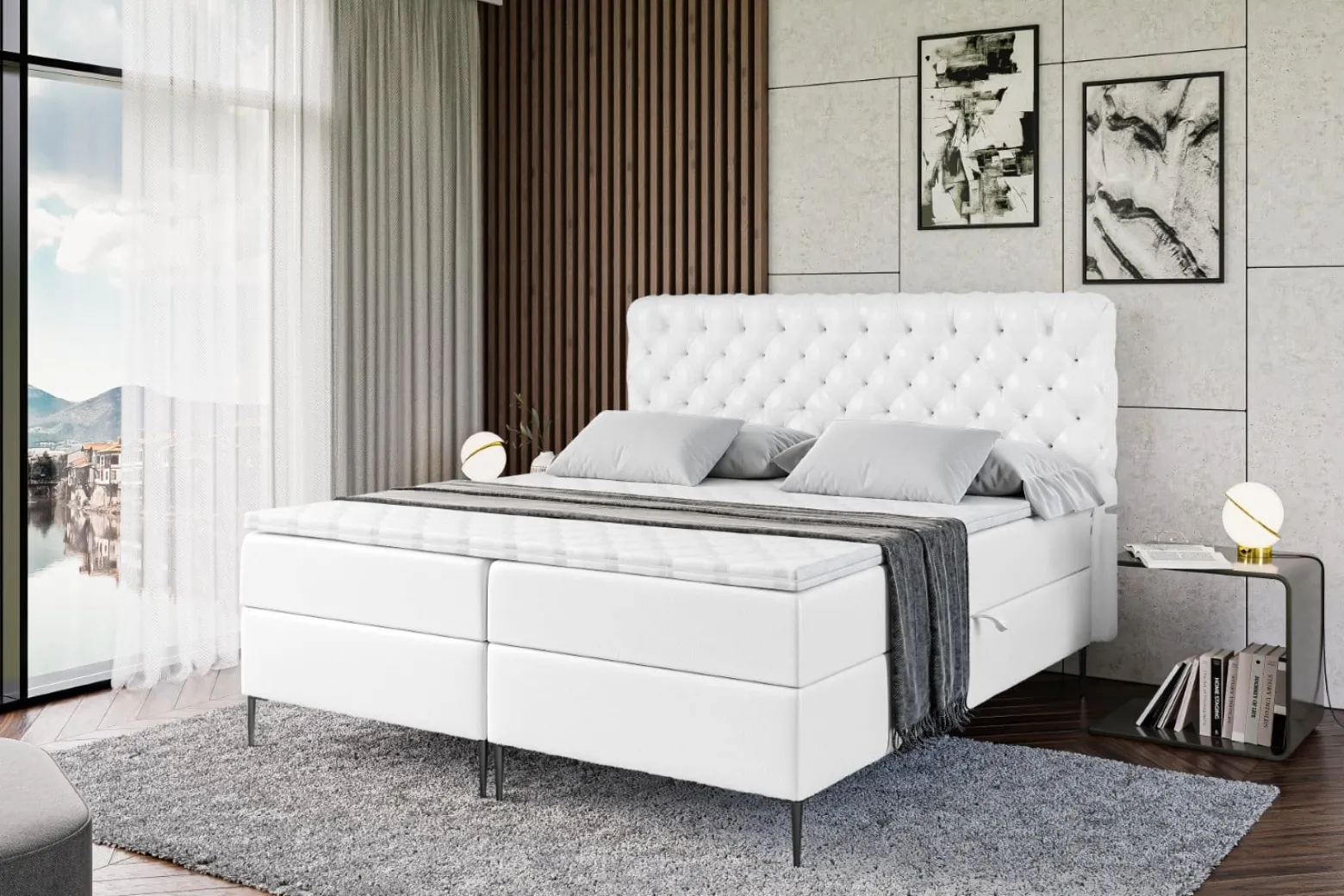 Łóżko kontynentalne z pojemnikiem, materacem i nóżkami BOXI8-FC 120x200 cm