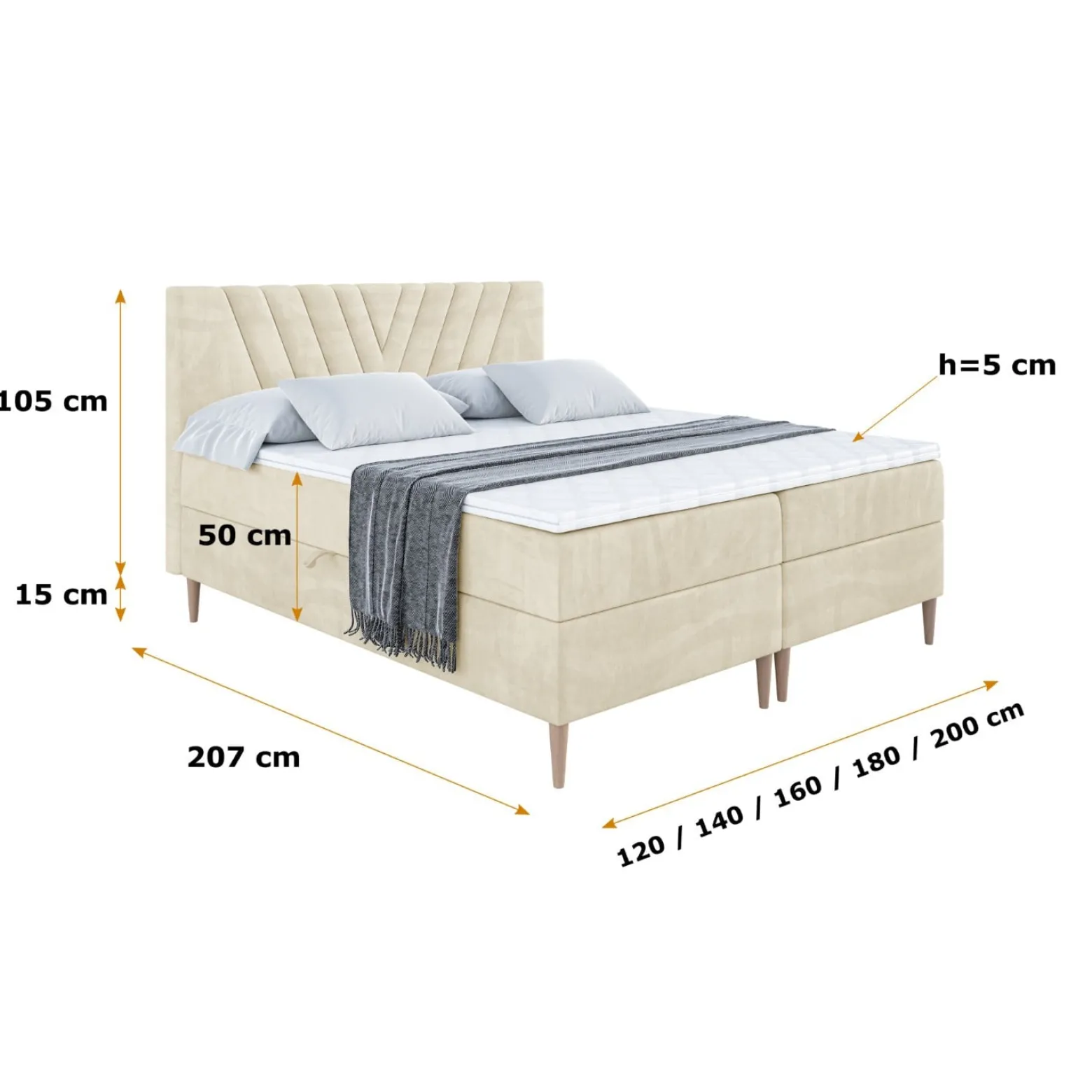 Łóżko kontynentalne z pojemnikiem, materacem i nóżkami ERNINA-FD 120x200 cm
