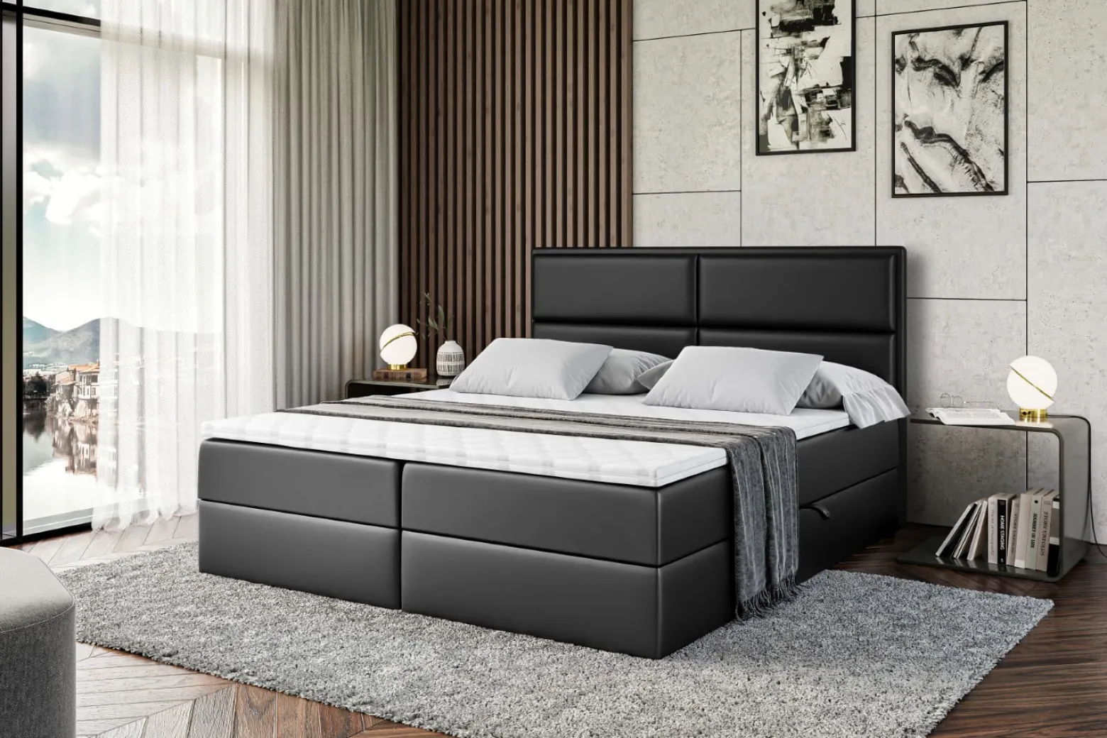Łóżko kontynentalne z pojemnikiem i materacem H3 AURA - 200x200cm