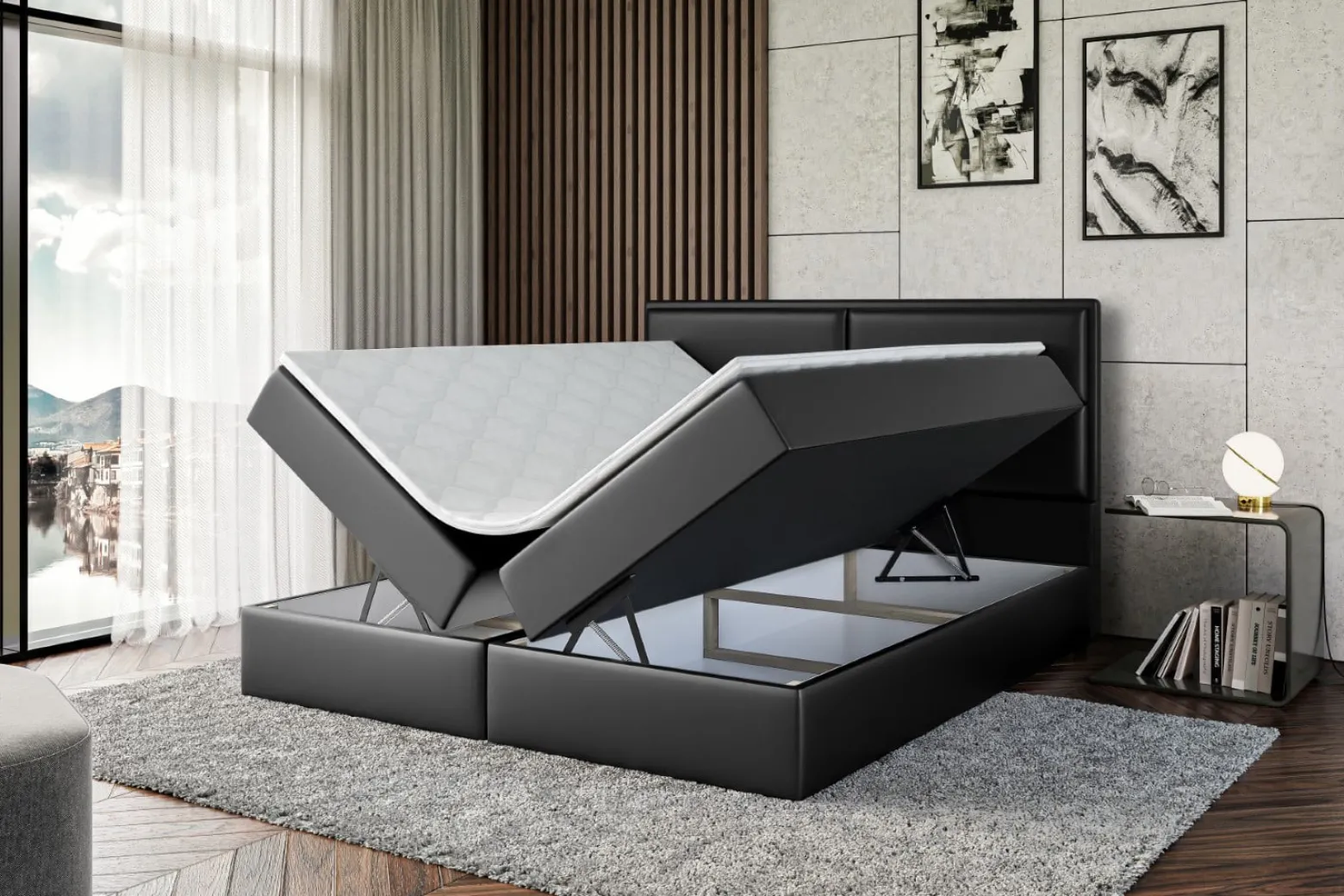 Łóżko kontynentalne z pojemnikiem i materacem H3 AURA - 200x200cm