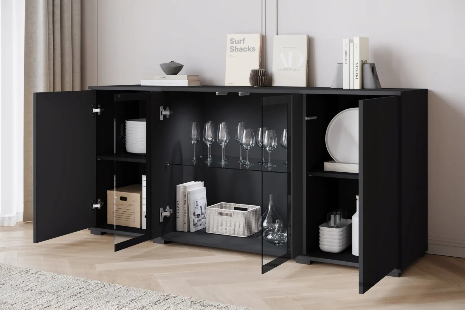 Komoda 150 cm do salonu witryna ze szkłem, szuflady, połki, czarny mat