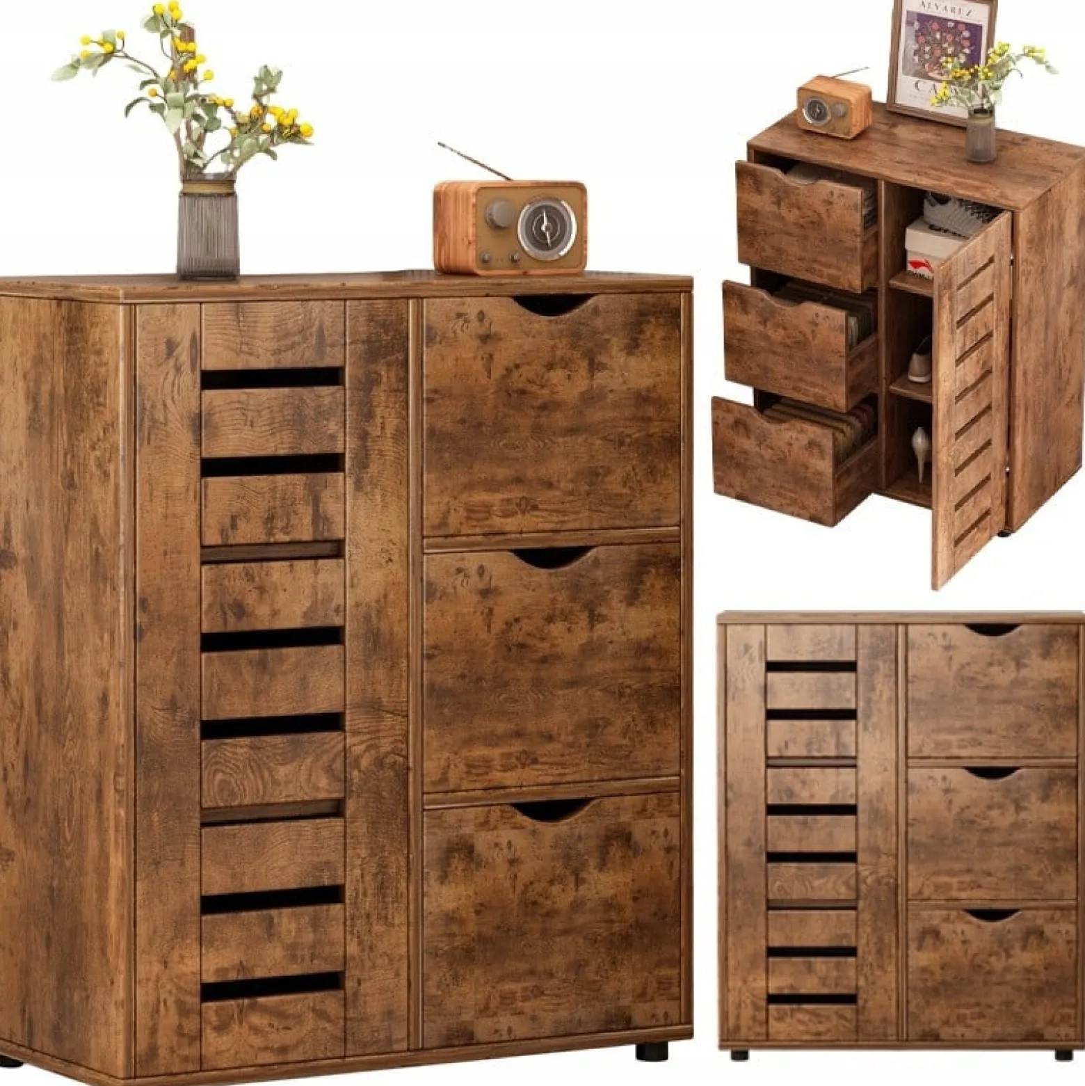 Komoda do salonu ciemny brąz szafka pojemna drewniana półki loft 3 szuflady