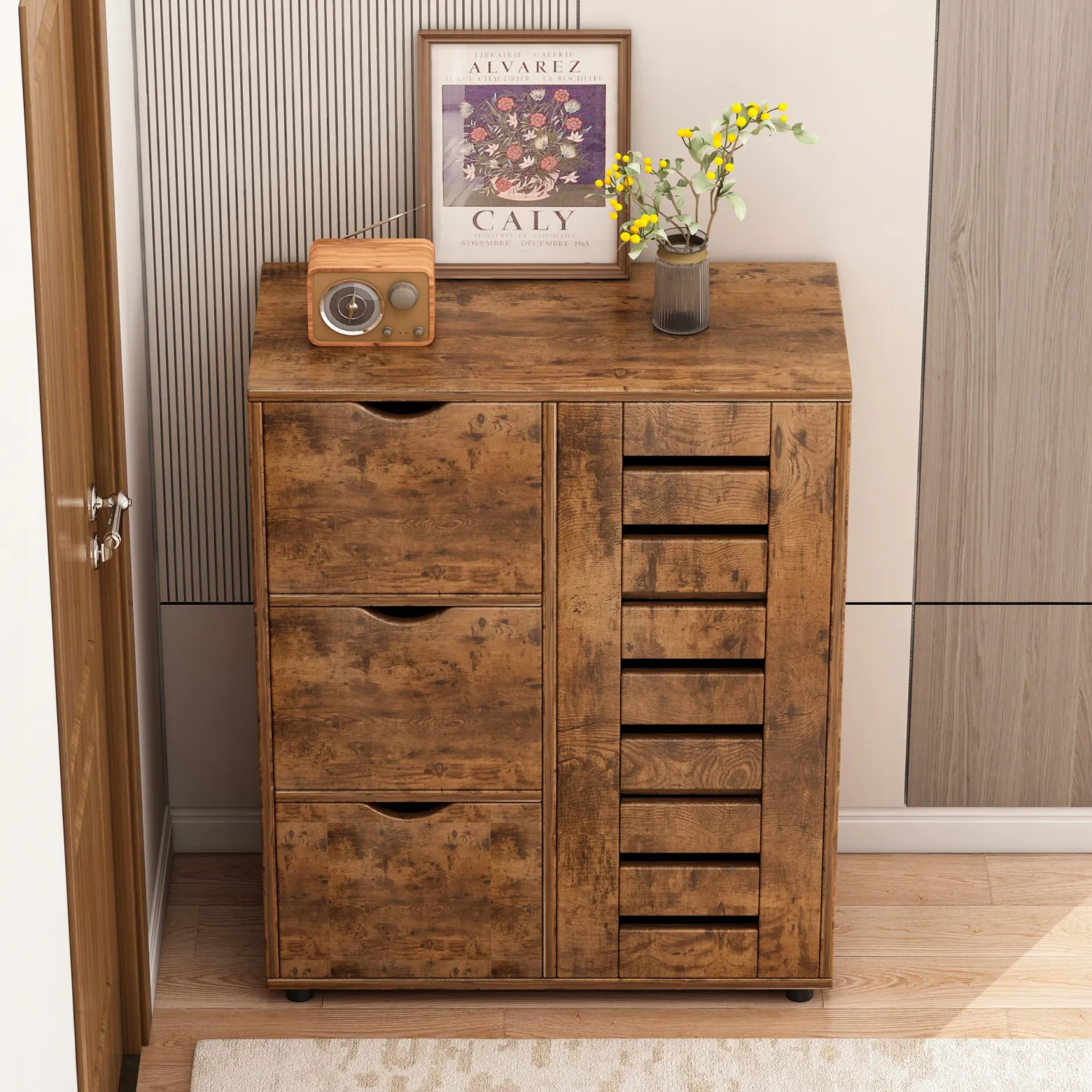 Komoda do salonu ciemny brąz szafka pojemna drewniana półki loft 3 szuflady