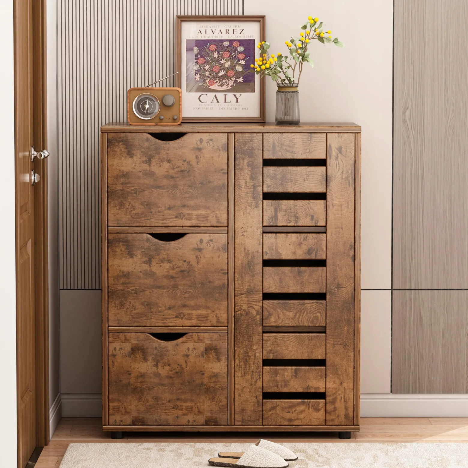 Komoda do salonu ciemny brąz szafka pojemna drewniana półki loft 3 szuflady