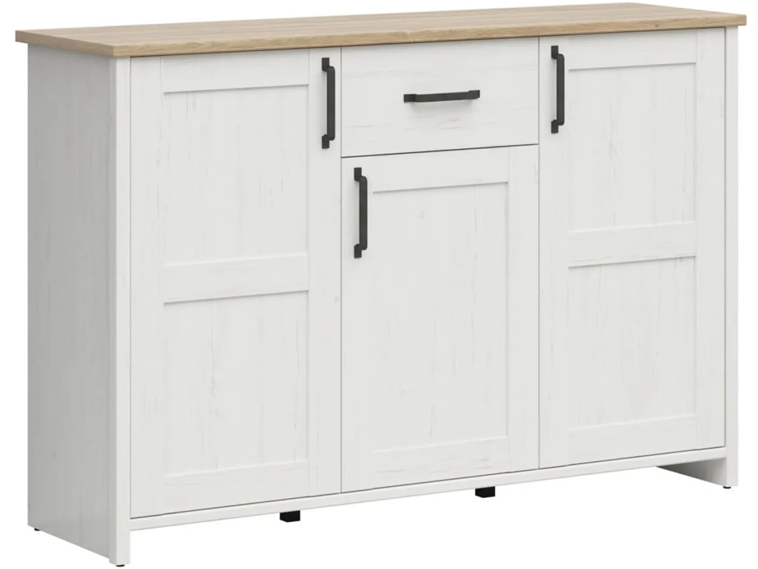 Komoda Loksa 148 cm z 3 drzwiami i szufladą sosna andersen biała/dąb grandson