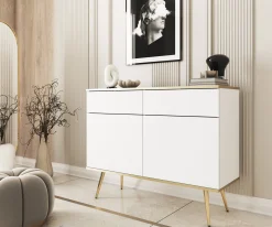 Komoda z szufladami ORINO 107cm biały ze złotymi detalami/złote nóżki