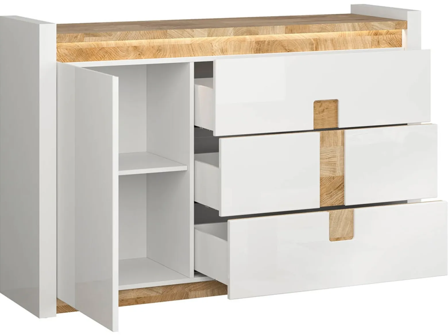 Komoda Alameda 147 cm z drzwiami i 3 szufladami dąb westminster/biały połysk