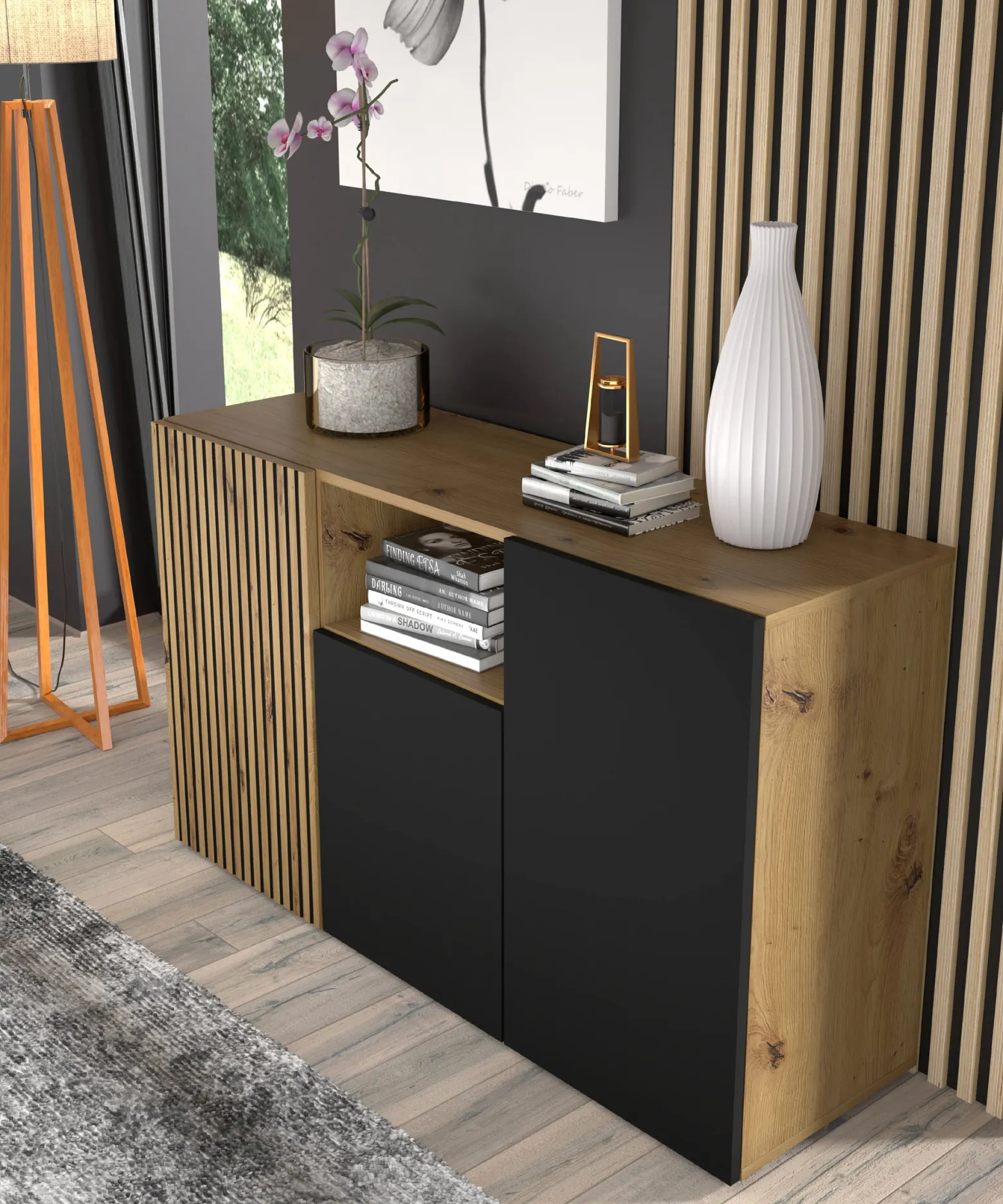 Komoda AURIS 3D 135 cm dąb artisan / czarny mat