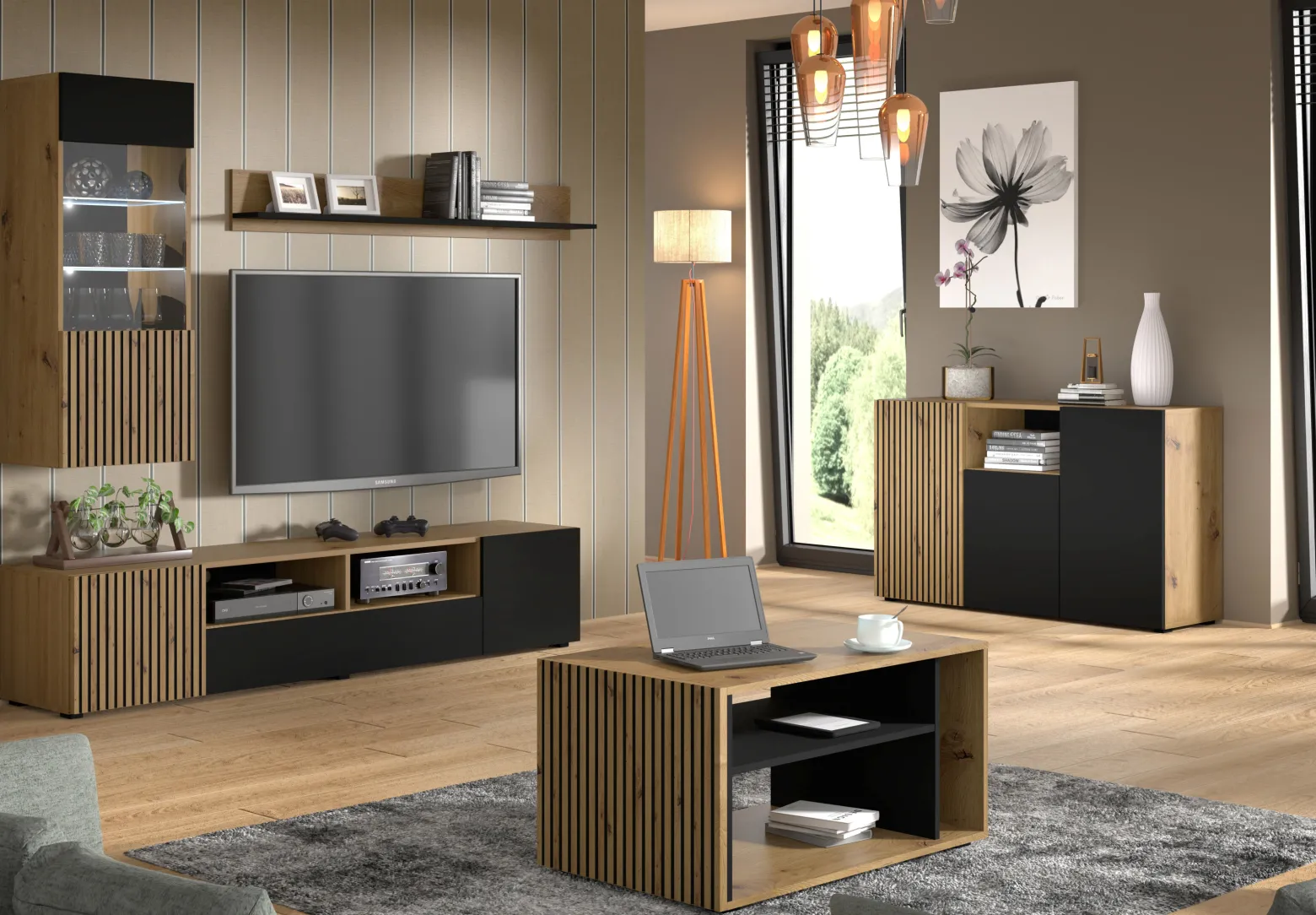 Komoda AURIS 3D 135 cm dąb artisan / czarny mat