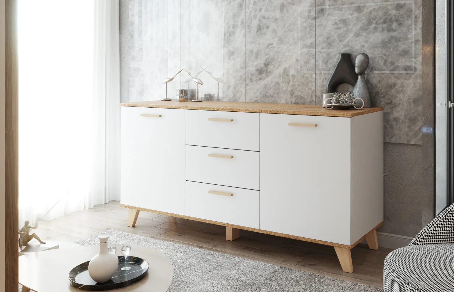 Komoda biała skandynawska olivier 150cm szafka 3 szuflady