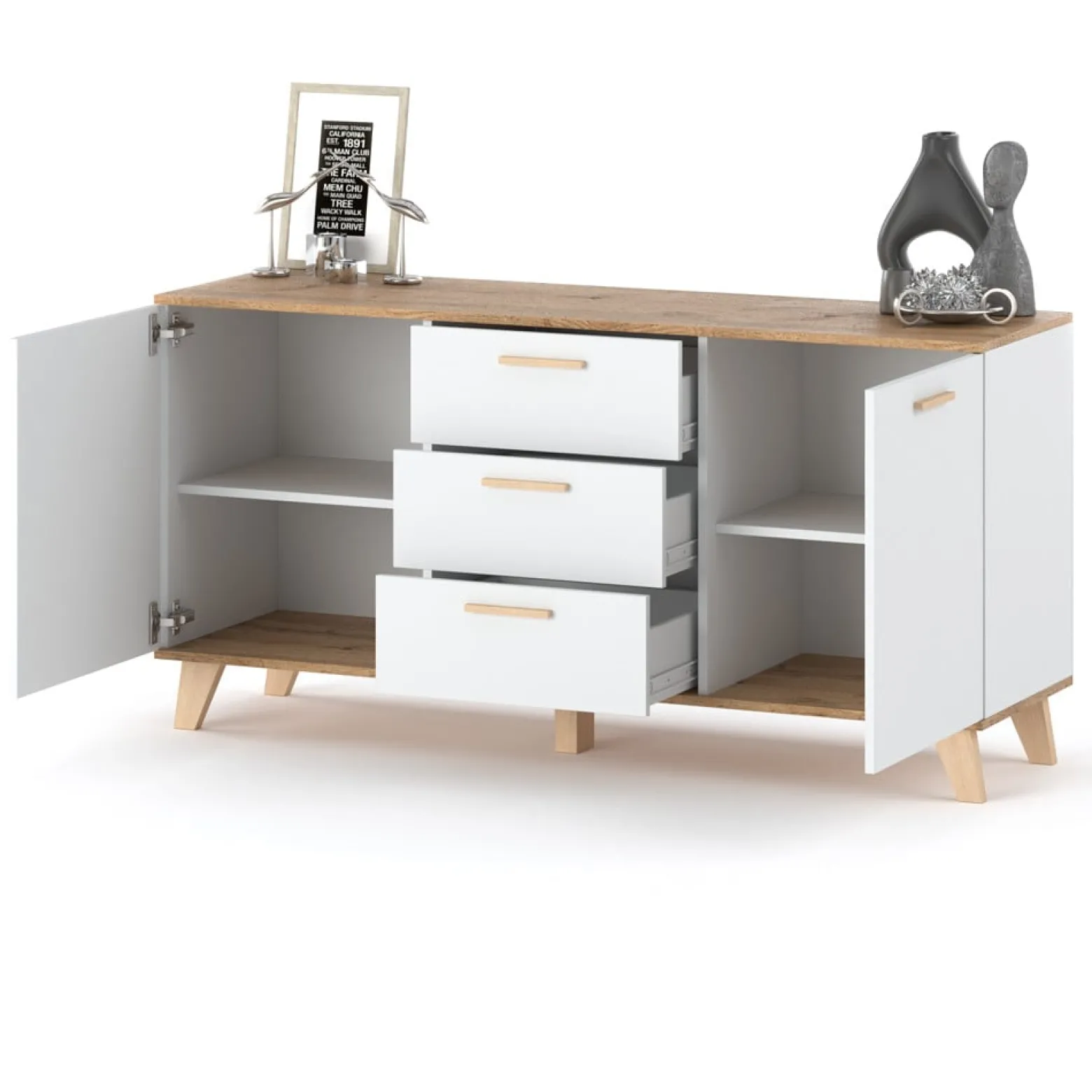 Komoda biała skandynawska olivier 150cm szafka 3 szuflady