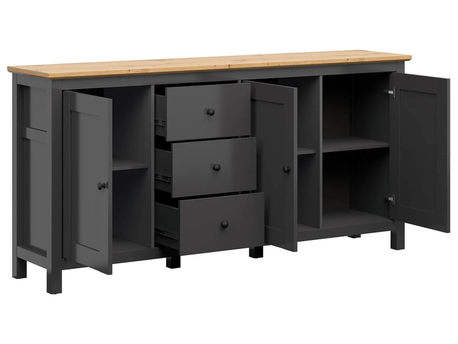 Komoda Claudio 199 cm z 3 drzwiami i 3 szufladami grafit/dąb artisan