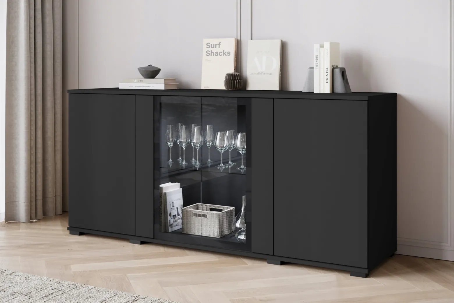 Komoda 150 cm do salonu witryna ze szkłem, szuflady, połki, czarny mat