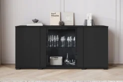 Komoda 150 cm do salonu witryna ze szkłem, szuflady, połki, czarny mat